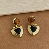 Daiiibabyyy  French Natural Stone Tiger Eyes Metal Heart Hanging Dangle Earrings for Women Gold Plated Alloy Statement Party Jewelry