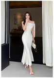 DAIIIBABYYY  -  Summer Solid Mermaid Long Dresses for Women French Fashion Diagonal Collar Bodycon Party Dress Slim Vestidos Female Clothing New