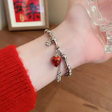 Daiiibabyyy Minar Cute Romantic Red Enamel Strawberry Flower Coin Silver Beads Bamboo Joint Elastic Strand Bracelets for Women Accessories