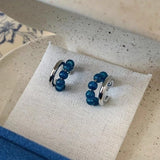 Daiiibabyyy  Blue Glass Beads Silver C-shaped Stud Earrings Temperament Vintage Earrings for Women Daily Party Fashion Jewelry