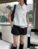Daiiibabyyy  Women's Blouse Retro Cotton Woven White Blouses Short Sleeve Solid Color Loose Fit Shirt Button Up Puffed Sleeve Gray Top