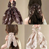 Daiiibabyyy  Paisley Ribbon Hair Scrunchie Creamy Apricot Print Bow Hair Tie New Long Flowy Head Band Scarf Women's Elegant Hair Accessory