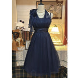Daiiibabyyy  French Elegant Vintage Hepburn Chiffon Vintage Blue Dress Women Sweet Retro Party Gown Fashion Halter Short Cocktail Dress