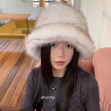 Daiiibabyyy  Winter Faux Fox Fur Bucket Hat Thickened Plus Size Fisherman Hat High Quality Cold-proof Warm Female Ear Protection Women Caps