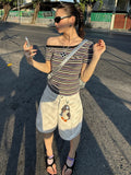 DAIIIBABYYY  -  Women Harajuku Knitted Contrast Color Stripe Tops Y2k Aesthetic Sexy Slash Neck Tees Summer Slim Fit Streetwear Grunge Tshirts