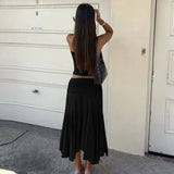 Daiiibabyyy  Casual Solid Color Off Shoulder Sleeveless Crop Top High Waist Ruffle Mini Dress with Ruched Waistband Asymmetrical Hem in