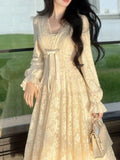Daiiibabyyy  V Neck Lace Sweet Bow Dresses Women Flare Sleeve Temperament Robe Femme Vestidos De Mujer Tunic A-line Korean Maxi Dress