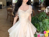 Daiiibabyyy  Summer French Style Square Collar Mini Dress Fashion Gauze Lace Spliced Female Clothing Elegant Puff Sleeve Ball Gown Dresses