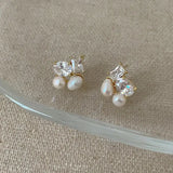 Daiiibabyyy  Exquisite Irregular Square Shinny Zircon Pearl Earrings for Women Light Luxury Sweet Stud Earrings Wedding Jewelry Accessories
