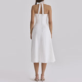 Daiiibabyyy  Elegant White Halter A-line Dress Women Minimalist Pleat Splice Square Neck Backless Lace Up Vestido Summer Date Party Gown