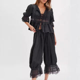 Daiiibabyyy  New Hollow Lace Tie Home Wear Cropped Pants Women's Autumn Fashionable And Elegant Comfortable Skin-Friendly Daily Pajama Pants