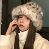 Daiiibabyyy  Korean Style Leopard Print Fuzzy Bucket Hats Warm Thickened Plush Winter Fisherman Hat Adult Unisex Animal Pattern Caps Headwear