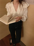 DAIIIBABYYY  -  Korean Embroidered Lace Splicing Long Sleeve Shirt for Women Early Autumn, Loose Bubble Sleeve Shirt