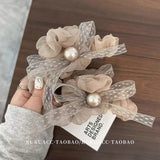 Daiiibabyyy  1PC Mesh Bow Round Bead Hair Clip for Women, High-End Feeling, New Style, Back of Head Hair Clip, Shark Clip Hair Accessory