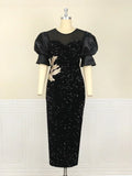 DAIIIBABYYY  -  Women Plus Size Dress Sequin Black Embroidery Chest Wrapped Puff Sleeve Sparkly Dress Cocktail Wedding Guest Classy Party Dress