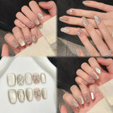 Daiiibabyyy  10pcs Handmade Silver Press On Nails Rhomboid Plaid Cat's Eye Simple False Nails Flash Bowknots Decor Short Fake Nail For Women