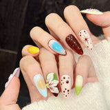 Daiiibabyyy  10pcs Handmade Press On Nails Pink Black French Fake Nails With 3D Floral Decor Wearable Almond Gradient Y2k False Nails Designs