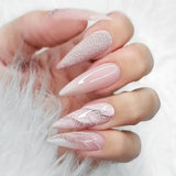 Daiiibabyyy 24Pcs Press on Nails Long Stiletto False Nails with Glitter Powder Pink Marbling Design Fake Nail Tips Reusable Almond Nails Art