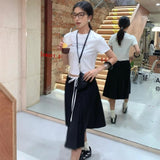 Daiiibabyyy  Preppy Style Pleated Skirt Women Vintage Korean Style Black Mid Length Skirt Harajuku Fashion Patchwork Classic Skirts
