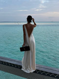Daiiibabyyy  Women's Elegant Satin V Neck Long Dress Sleeveless Backless High Fork Robes Vacation Beach Maxi Vestidos New Lady Dresses