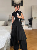 Daiiibabyyy  Fashion Solid Lapel Short Sleeve Slim Cropped Blouse Vintage Women Black Irregular Buttons Top Lady Daily Street Y2k Tops
