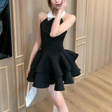 Daiiibabyyy  Elegant French Style Halter Slim Mini Dress Summer Ball Gown Female Clothing Aura Lapel Bow Stylish Diamonds Backless Dresses