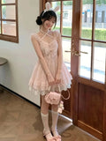 Daiiibabyyy  Coquette Sweet Vintage Lolita 2 Piece Dress Set Women Lace Bow Halter Puff Strap Ruched Waist Slim Fit Mini Dress Elegant Outfit