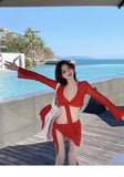 DAIIIBABYYY  -  Pure and Sexy Red Bikini Four-piece Set Split Swimsuit for Women New Long-sleeved Meat-covered Hot Spring