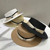 DAIIIBABYYY  -  Panama Fashion Retro White Black Top Hat Travel Straw Cap Sunshade Fedora Ribbon Classical Outdoor Hat
