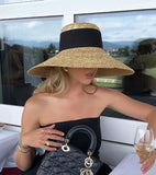 Daiiibabyyy  Summer Seaside Big Brim Straw Hat Women's Vacation Beach Sun Hats Bow Ribbon Wide Brim Wheat Straw Flat Top Boater Hat