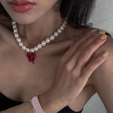 DAIIIBABYYY  -  Trendy Imitation Pearls Choker Necklace for Women Red Heart Pendnt Beaded Necklaces Temperament Clavicle Chain Jewelry