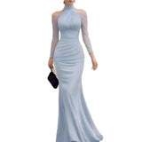 Daiiibabyyy  Elegant Party Wedding Guest Dress Off Shoulder Long Sleeve Mermaid Dresses High Waist Ruched Evening Dress Floor Length Maxi