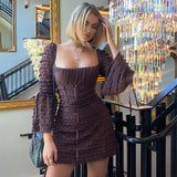 Daiiibabyyy High Quality Luxury Women's 2024 New Sexy Square Neck Low Cut Flare Sleeves Slim Fit Wrap Hip Skirt Cake Skirt Vintage Dress Y2k