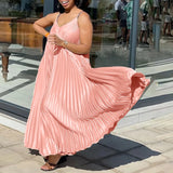 DAIIIBABYYY  -  Sexy Spaghetti Stap Dresses for Women V Neck Sleeveless Loose Pleated Ankle Length Elegant Ladies Birthday Party Dinner Gowns