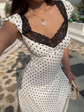 Daiiibabyyy  Black White Polka Dot Lace Trim Heart Neck Puff Sleeve Ruched Waist A-Line Midi Dress