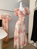 Daiiibabyyy  Women's Elegant Puff Sleeve Ruffles V Neck Floral Long Dress Lady Summer Short Sleeve Slim A Line Long Dress