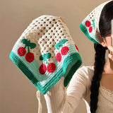 Daiiibabyyy  Women's Vintage Hair Scarf Garden Style Lovely Cherry Triangle Scarf Advanced Hair Accessories Headband Sweet Style Kawaii Clips