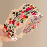 Daiiibabyyy  Vintage Flower Chiffon Embroidery Headband For Women Elegant Ethnic Lace Wide Headband Hair Hoop Hair Accessories Wholesale