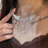 Daiiibabyyy  Silver-Color Crystal Wing Necklace for Women Luxury Delicate Moon Water Drop Pendant Necklace Temperament Romantic Accessories