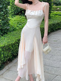 DAIIIBABYYY  -  Women Sleeveless Spaghetti Strap Solid Midi Dress Summer Elegant Slim Gauze Sweet Cute Fairy Korean Dresses