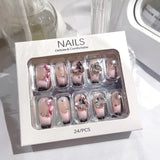 Daiiibabyyy 24pcs Rhinestone Design Fake Nails Sparkling Diamond Pink Heart-shaped False Nails Wearable Full Cover Nail Tips Press on Nails