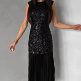 Daiiibabyyy  O-neck Sparkly Sequins Party Long Dress Women's Fashion Patchwork Waist Slim Maxi Dress Casual Sleeveless Birthday Evening Gowns