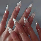 Daiiibabyyy  White Glitter Powder Bowknot Long Pointed Fake Nails Art Ballet False Nail Cow Print Pearl Rhinestone Pink Almond Press on Nails