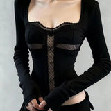 Daiiibabyyy  Vintage Gothic Cross Hollowed Out Long Sleeve Square Neck Top Women Autumn Winter Slimming T-Shirt Instagram