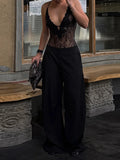 Daiiibabyyy  Women's Black Lace Bodysuit Sexy Deep V Neck Sleeveless Spaghetti Strap Slim Fit Corset Style Bodysuit Tops For Party Clubwear