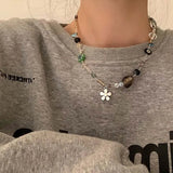 Daiiibabyyy  Korean Crystal Flower Love Pendant Necklace for Women New Trendy Beaded Choker Necklace Y2K Jewelry Accessories