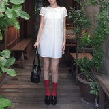 Daiiibabyyy  Fashion Peter Pan Collar Sweet A-Line Dresses Summer Solid Color Women's Clothing French Style Puff Sleeve Aura Folds Mini Dress