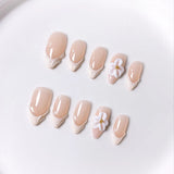 Daiiibabyyy  10pcs Handmade Nude Press-On Nails - 3D White Flower & Gold Studs Decor, Elegant Romantic Nail Supplies