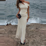 Daiiibabyyy  Elegant Short Sleeve Hollow Long Dress Women Sexy Draped Slim Solid Gown Fashion Hight Waist Slant Shoulder Bodycon Dress