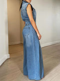 DAIIIBABYYY  -  Solid Spliced Button Minimalist Denim Jumpsuits for Women Lapel Sleeveless High Waist Casual Jumpsuits Female Fashion New